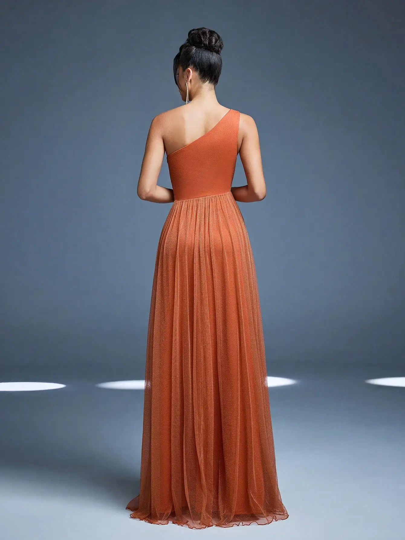 Mgiacy New Arrival One Shoulder Solid Color Bridesmaid DressperspectiveRuchedHigh slitMesh,Long dress