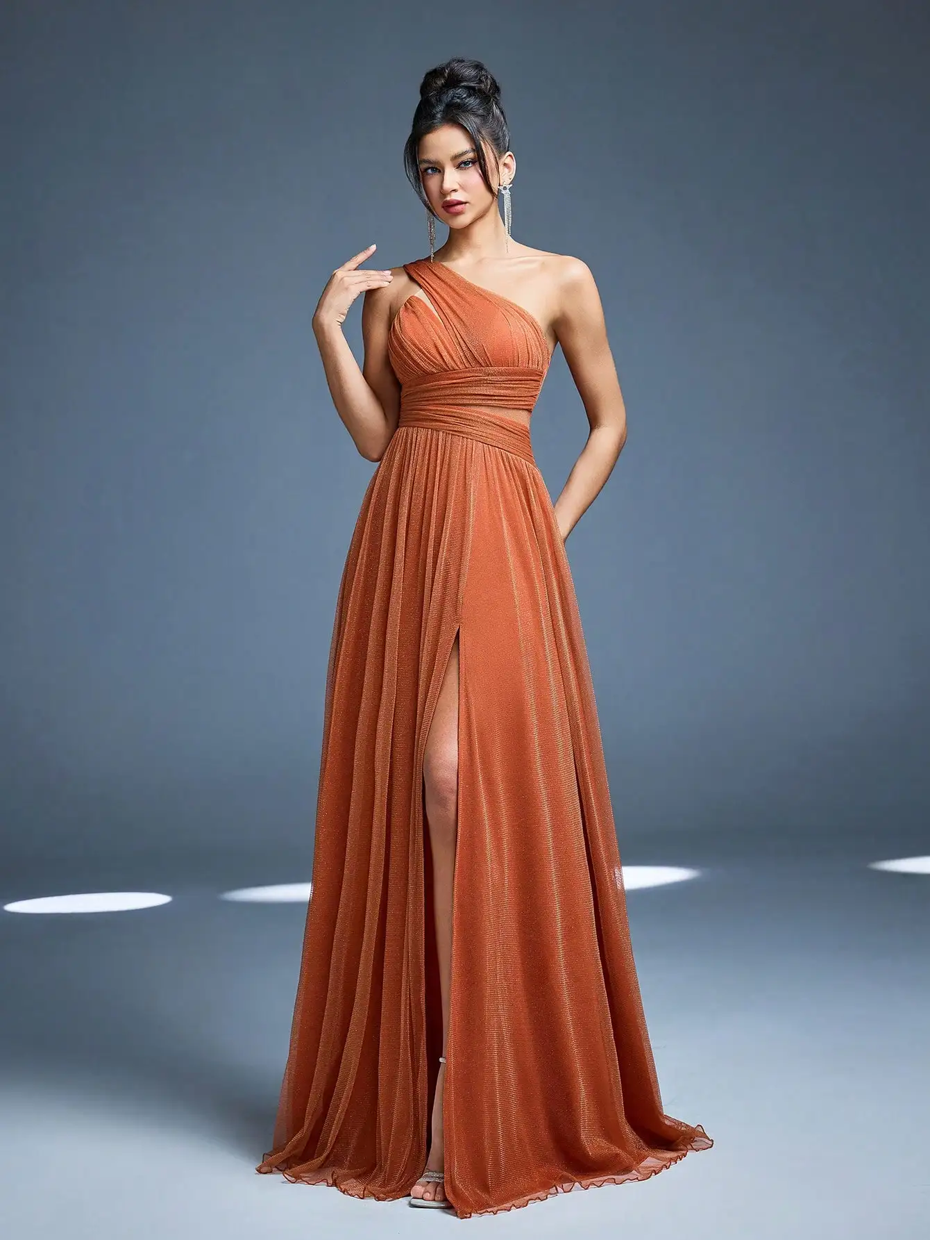 Mgiacy New Arrival One Shoulder Solid Color Bridesmaid DressperspectiveRuchedHigh slitMesh,Long dress