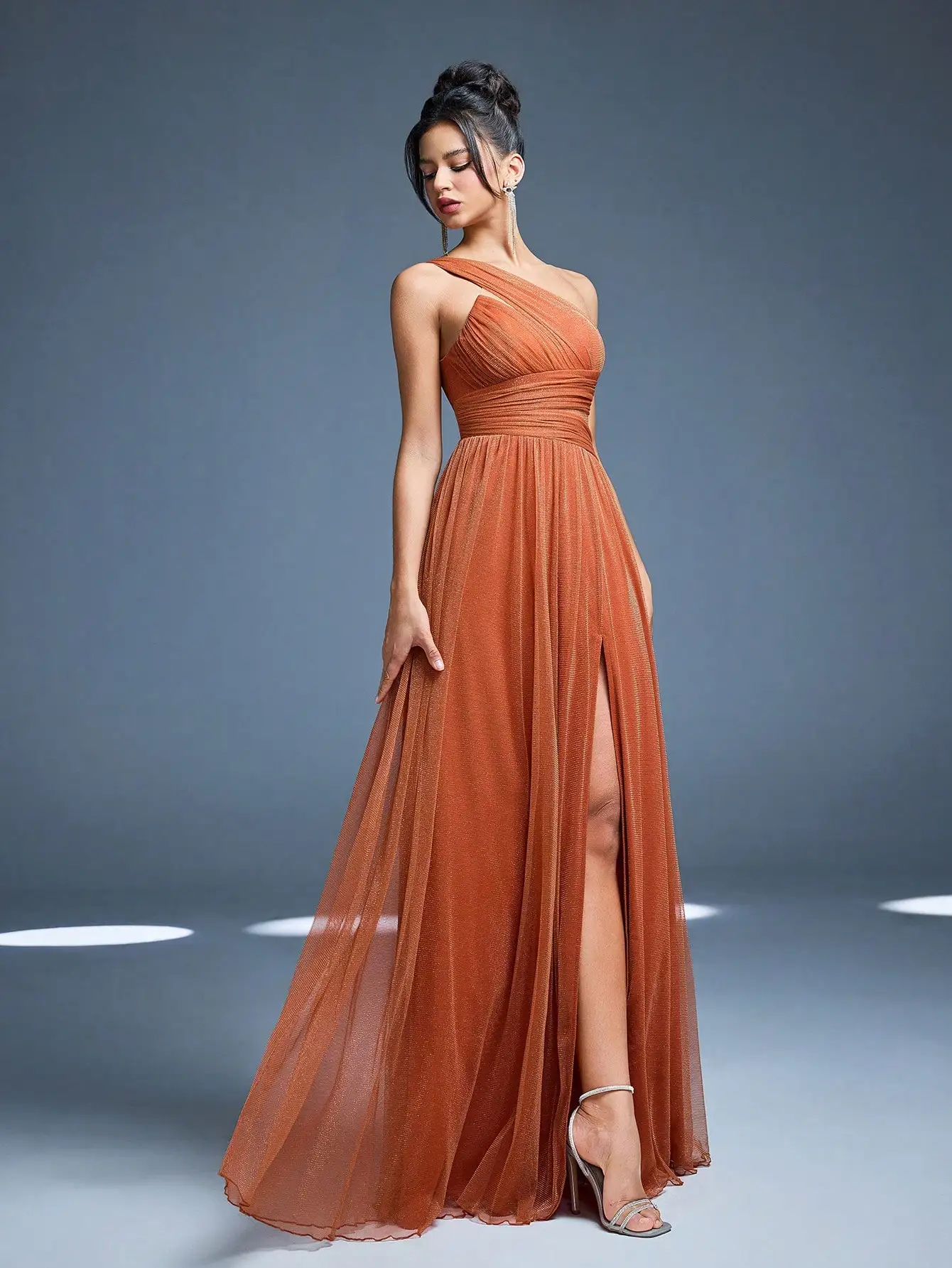 Mgiacy New Arrival One Shoulder Solid Color Bridesmaid DressperspectiveRuchedHigh slitMesh,Long dress