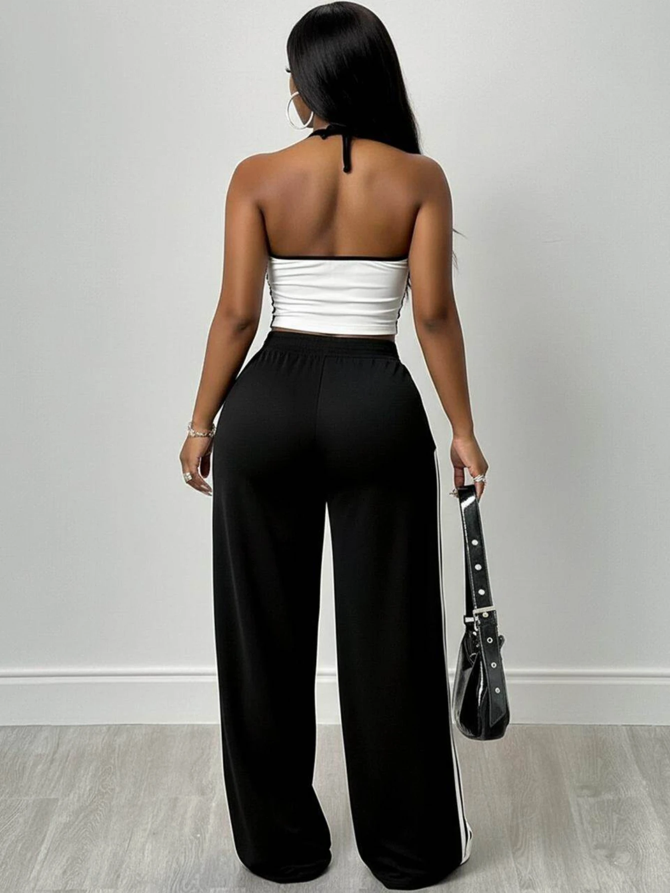 Women Halter Striped Crop Top And Drawstring Wide Leg Pants For Sporty Streetwear Gym And Daily Casual Occasion