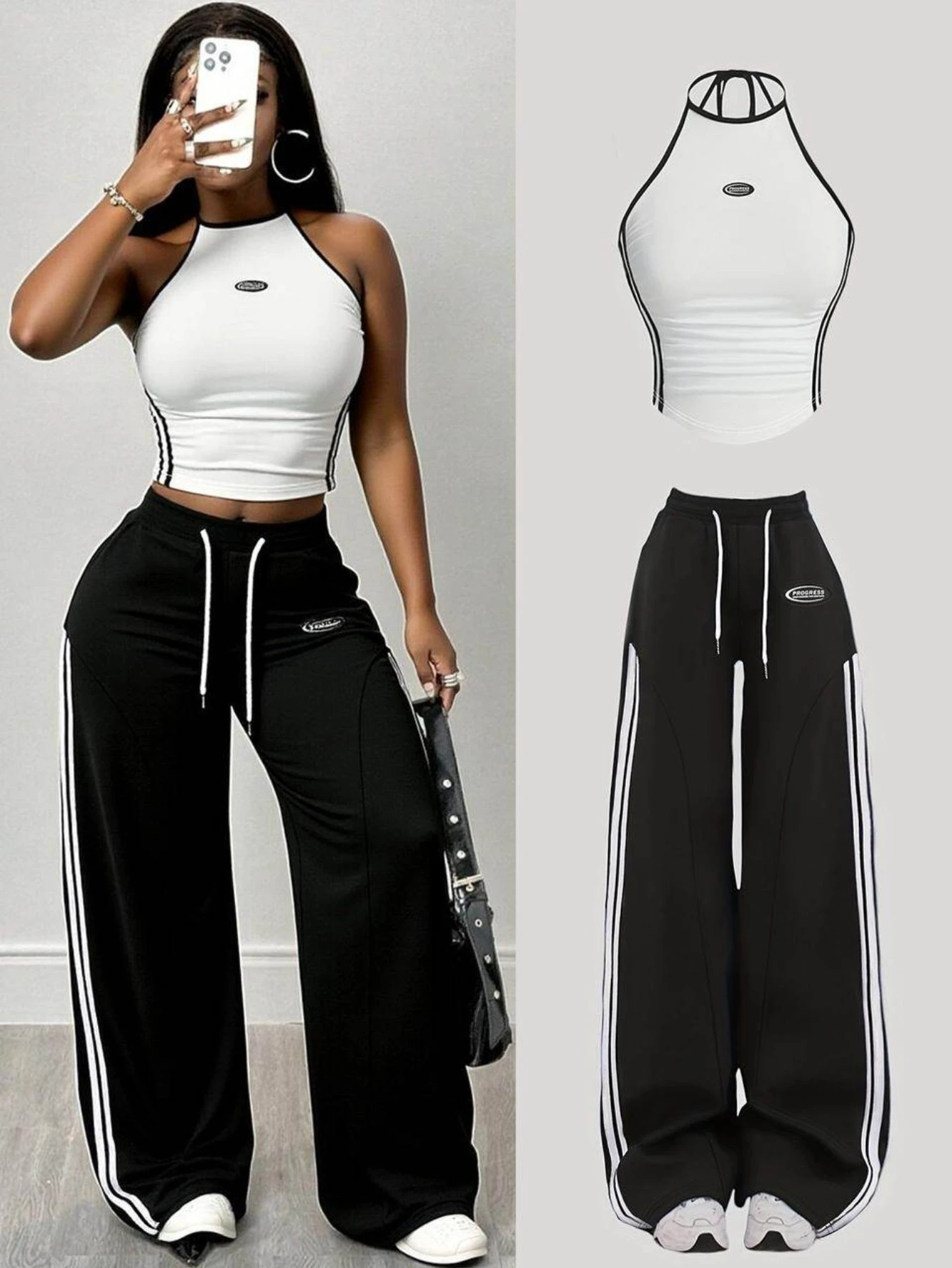 Women Halter Striped Crop Top And Drawstring Wide Leg Pants For Sporty Streetwear Gym And Daily Casual Occasion