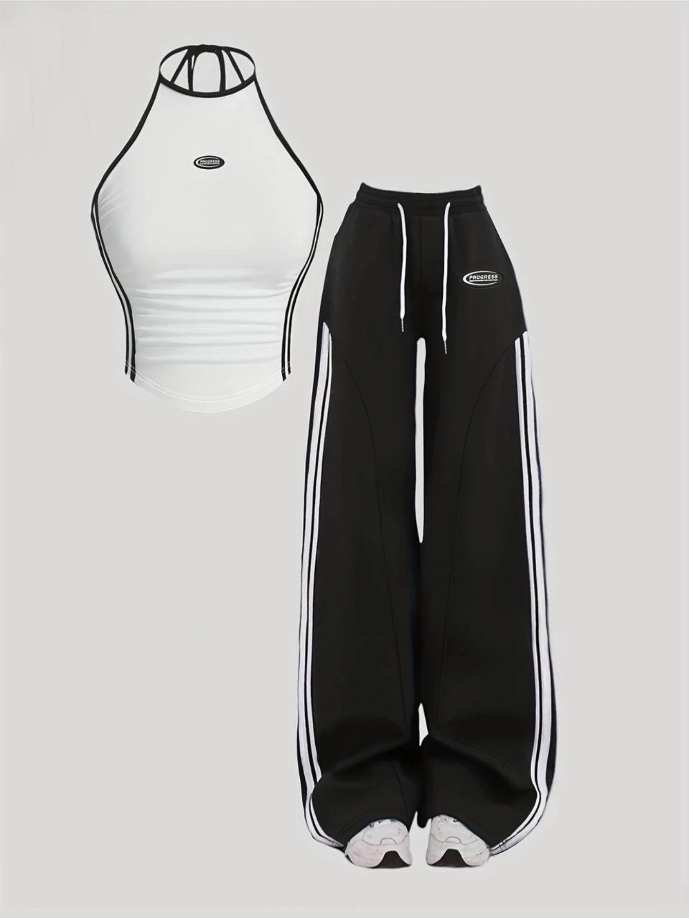 Women Halter Striped Crop Top And Drawstring Wide Leg Pants For Sporty Streetwear Gym And Daily Casual Occasion