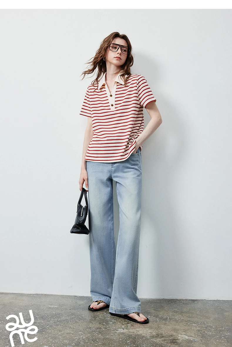 TOYOUTH Women's T-Shirt 2026 Summer New Hollow Stripe Color Block Polo Collar Nautical Top, Loose Fit Vintage Tee