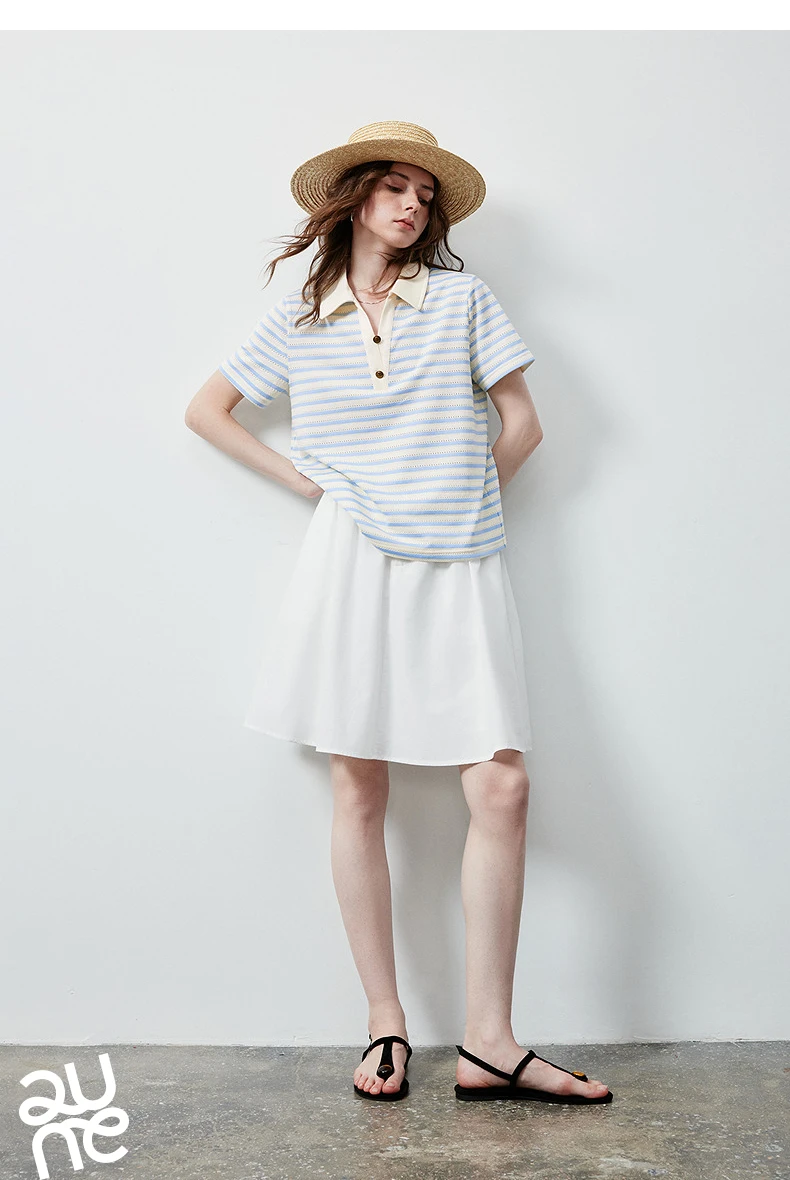 TOYOUTH Women's T-Shirt 2026 Summer New Hollow Stripe Color Block Polo Collar Nautical Top, Loose Fit Vintage Tee