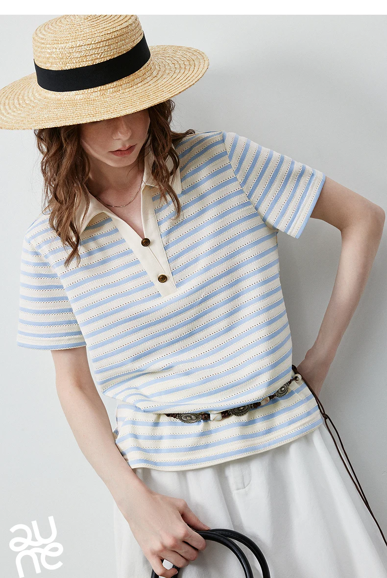 TOYOUTH Women's T-Shirt 2026 Summer New Hollow Stripe Color Block Polo Collar Nautical Top, Loose Fit Vintage Tee