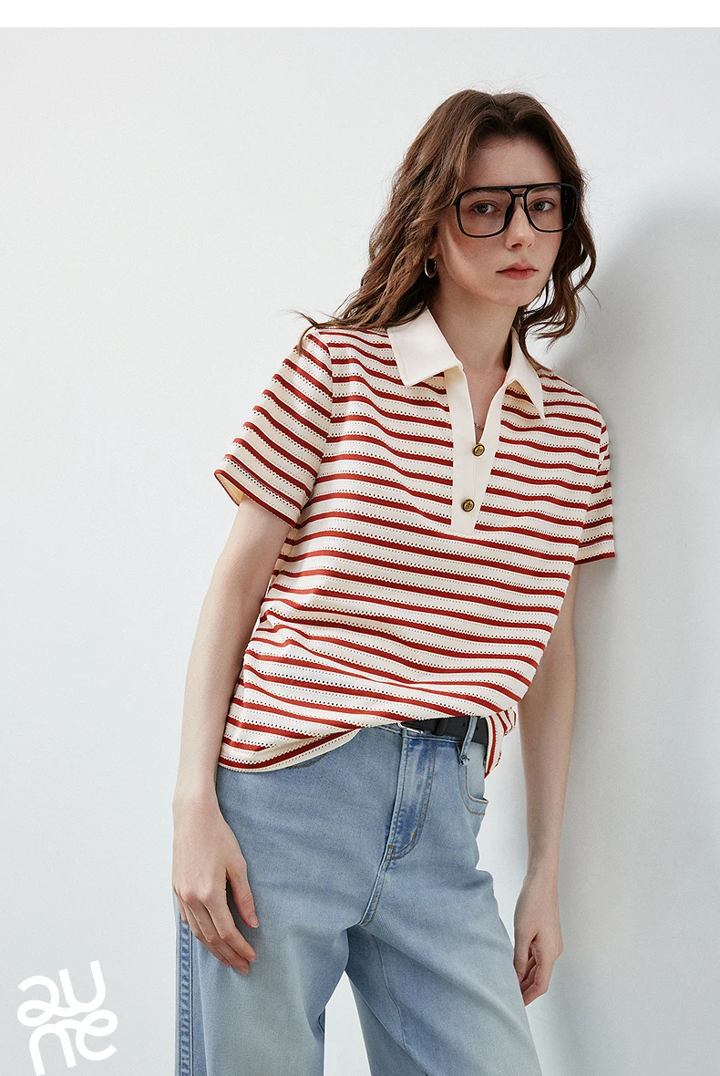 TOYOUTH Women's T-Shirt 2026 Summer New Hollow Stripe Color Block Polo Collar Nautical Top, Loose Fit Vintage Tee