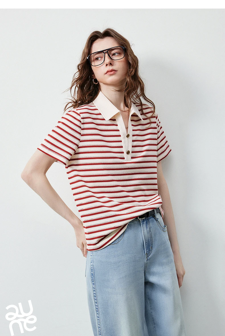 TOYOUTH Women's T-Shirt 2026 Summer New Hollow Stripe Color Block Polo Collar Nautical Top, Loose Fit Vintage Tee