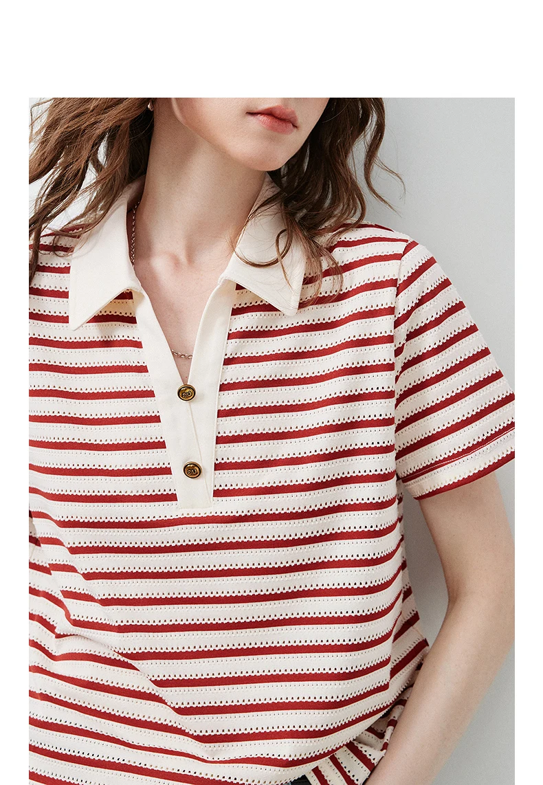 TOYOUTH Women's T-Shirt 2026 Summer New Hollow Stripe Color Block Polo Collar Nautical Top, Loose Fit Vintage Tee