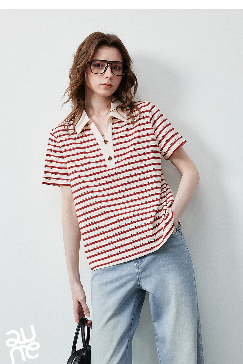 TOYOUTH Women's T-Shirt 2026 Summer New Hollow Stripe Color Block Polo Collar Nautical Top, Loose Fit Vintage Tee