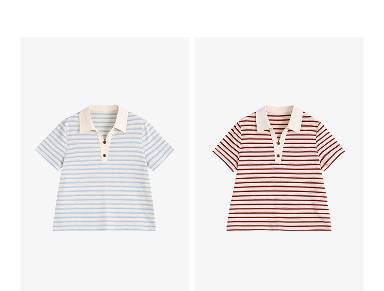 TOYOUTH Women's T-Shirt 2026 Summer New Hollow Stripe Color Block Polo Collar Nautical Top, Loose Fit Vintage Tee