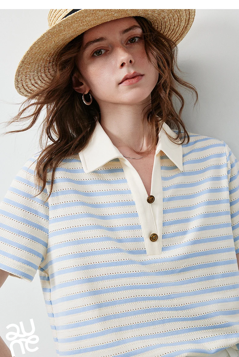 TOYOUTH Women's T-Shirt 2026 Summer New Hollow Stripe Color Block Polo Collar Nautical Top, Loose Fit Vintage Tee