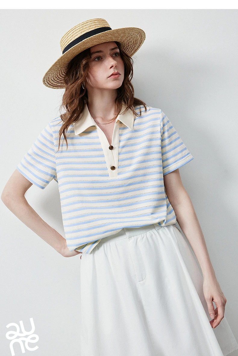 TOYOUTH Women's T-Shirt 2026 Summer New Hollow Stripe Color Block Polo Collar Nautical Top, Loose Fit Vintage Tee