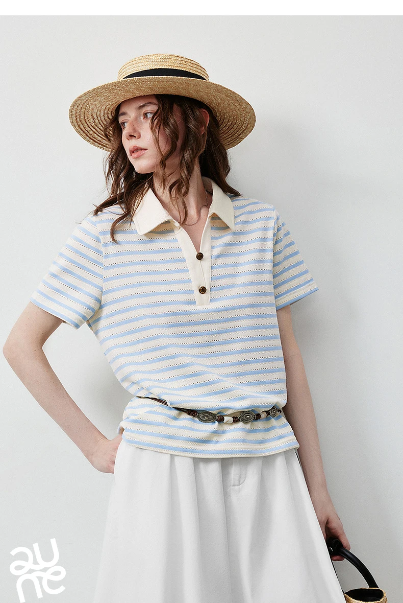 TOYOUTH Women's T-Shirt 2026 Summer New Hollow Stripe Color Block Polo Collar Nautical Top, Loose Fit Vintage Tee
