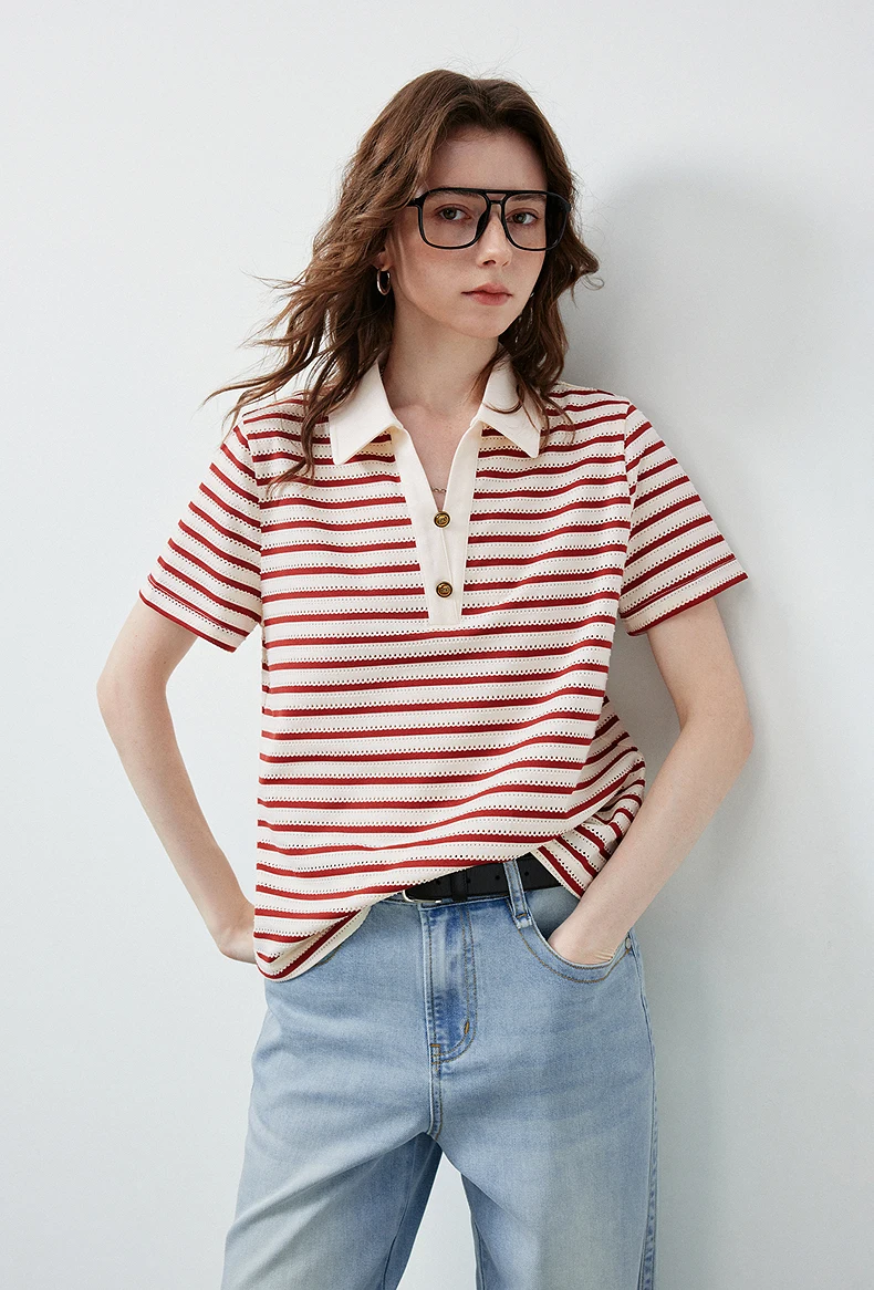 TOYOUTH Women's T-Shirt 2026 Summer New Hollow Stripe Color Block Polo Collar Nautical Top, Loose Fit Vintage Tee