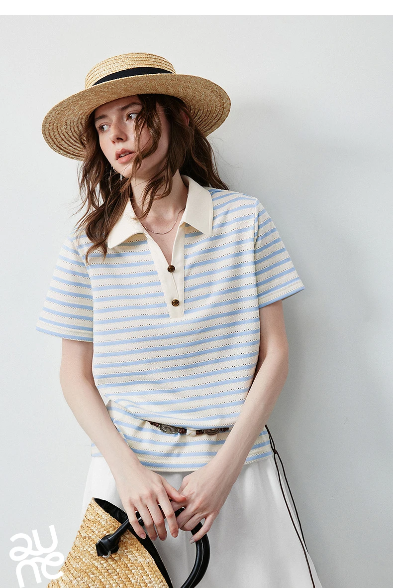 TOYOUTH Women's T-Shirt 2026 Summer New Hollow Stripe Color Block Polo Collar Nautical Top, Loose Fit Vintage Tee