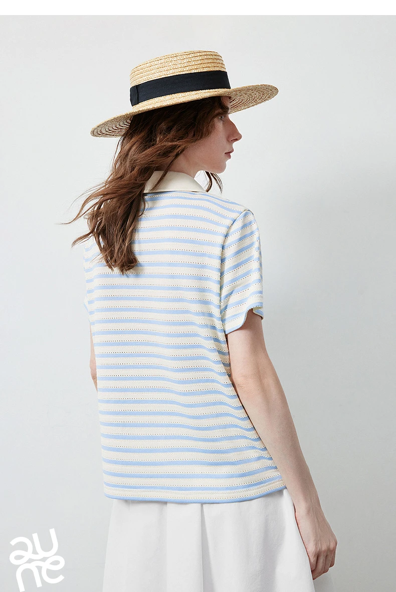 TOYOUTH Women's T-Shirt 2026 Summer New Hollow Stripe Color Block Polo Collar Nautical Top, Loose Fit Vintage Tee
