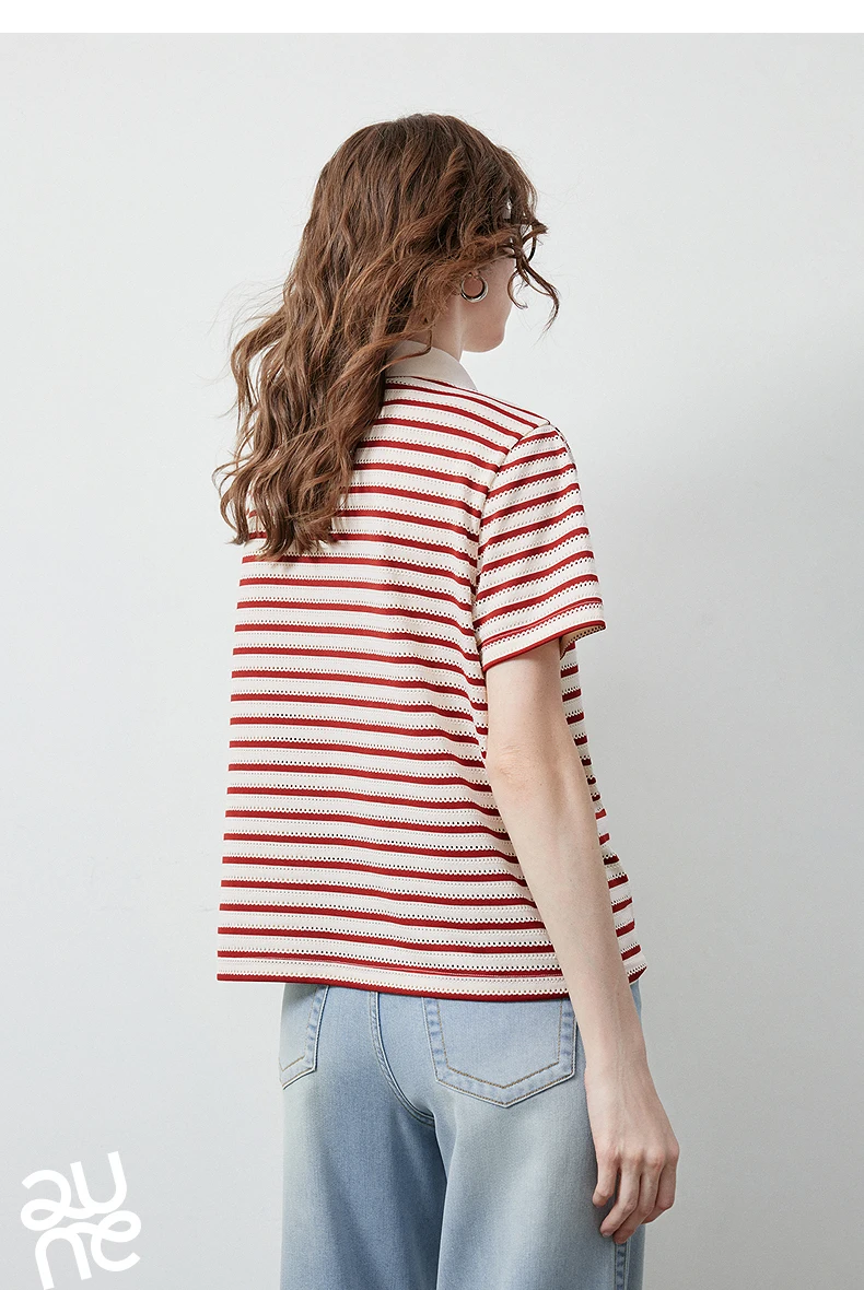 TOYOUTH Women's T-Shirt 2026 Summer New Hollow Stripe Color Block Polo Collar Nautical Top, Loose Fit Vintage Tee