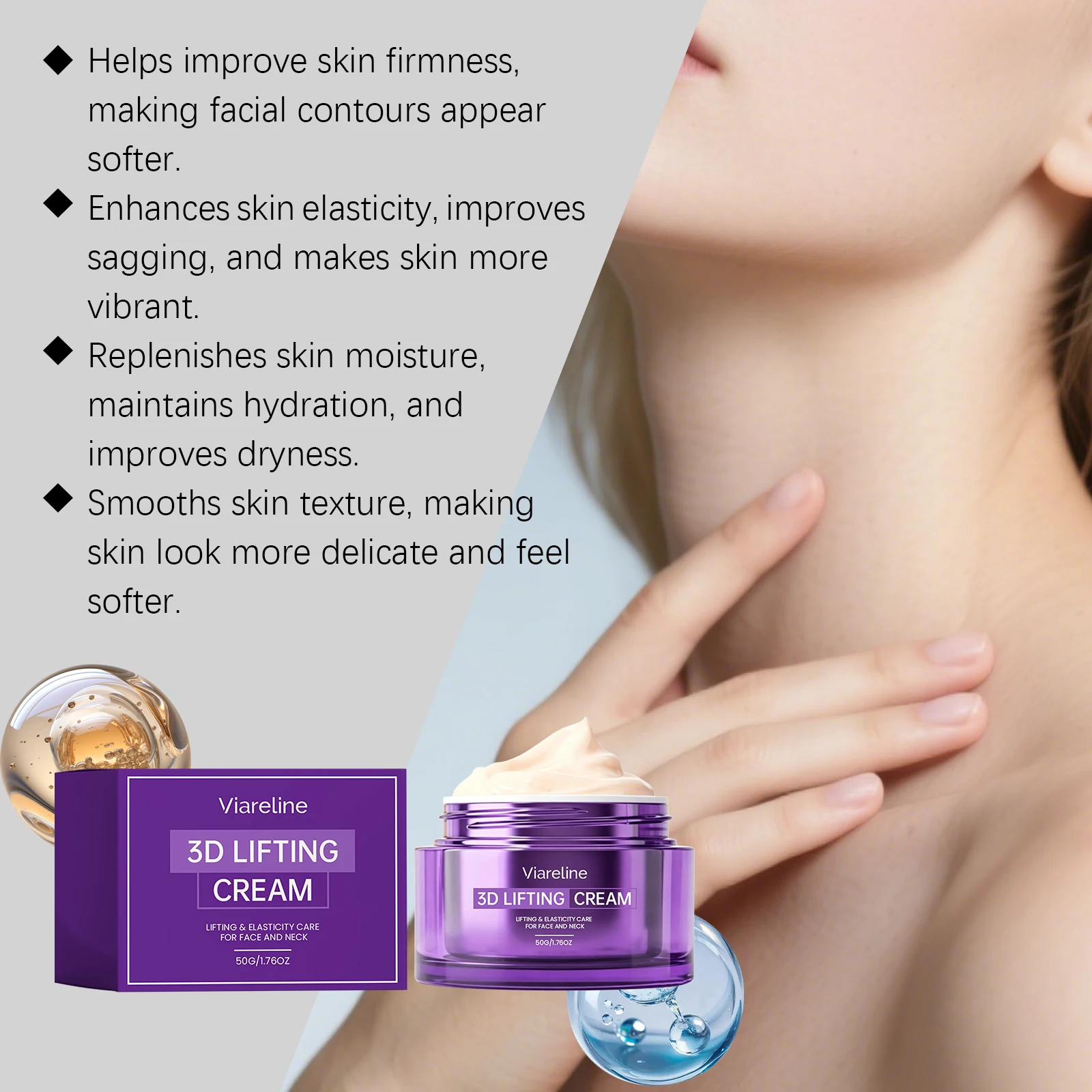 Viareline 3D Lifting Cream, Face & Neck Firming Moisturizer, Improve Skin Elasticity Anti-Aging Daily Facial Cream 50g