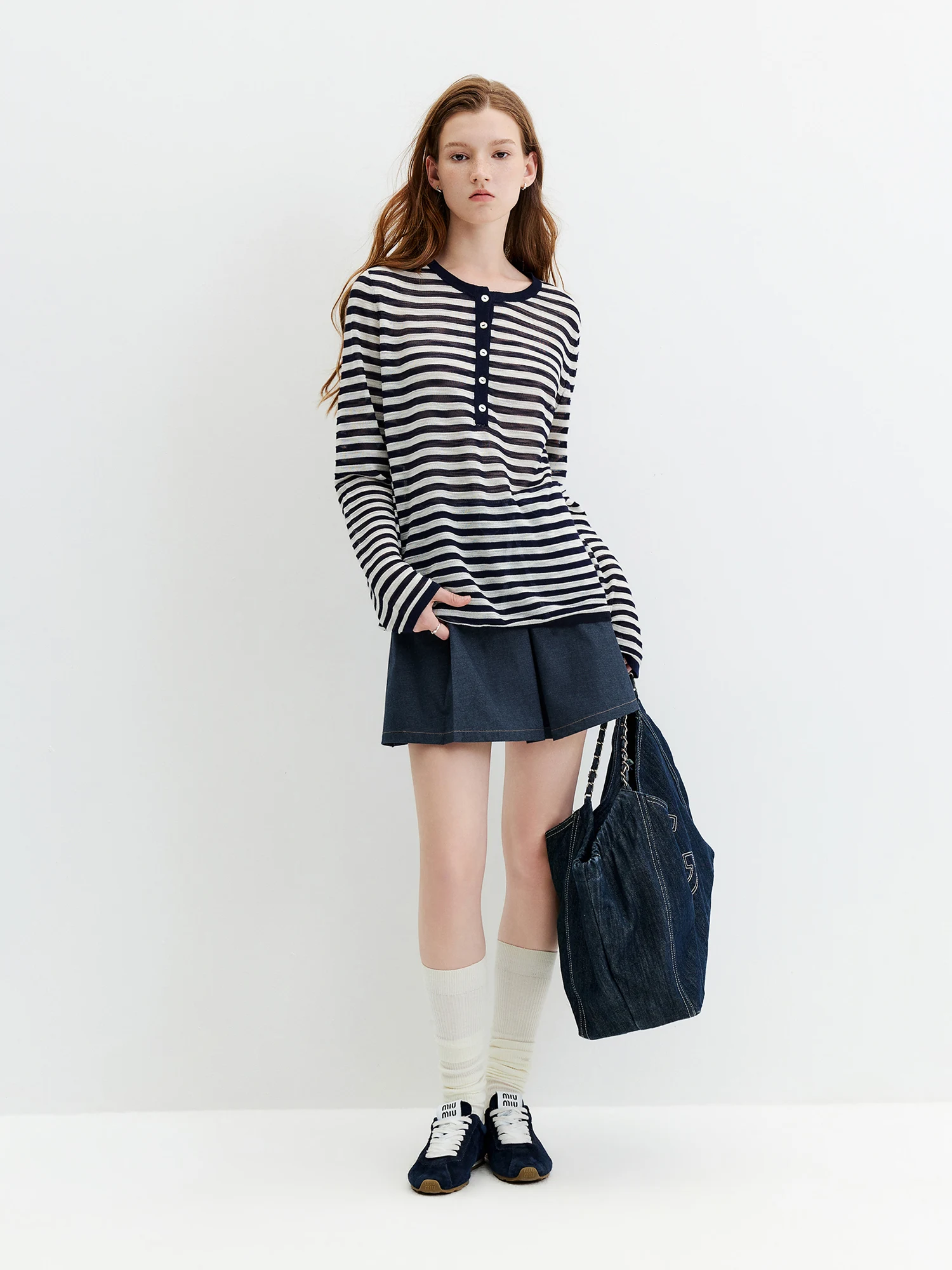 FSLE Striped T-shirt Long-sleeved Cover-up Women's 2026 Summer and Autumn New Style Half-open Knitted Top Loose Leisure