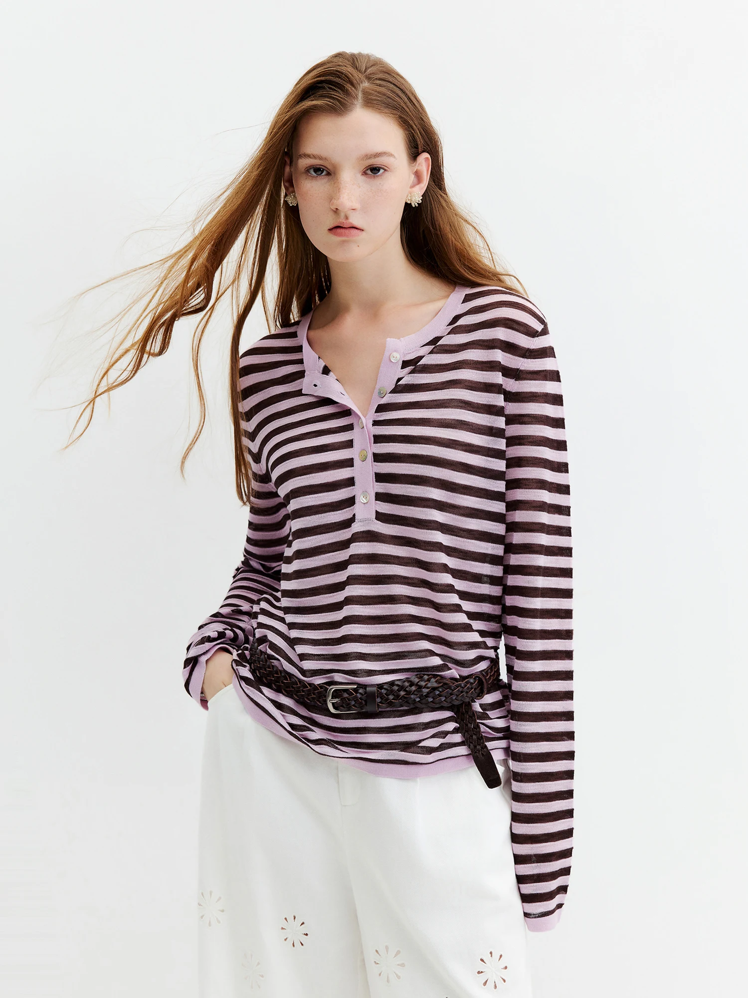 FSLE Striped T-shirt Long-sleeved Cover-up Women's 2026 Summer and Autumn New Style Half-open Knitted Top Loose Leisure