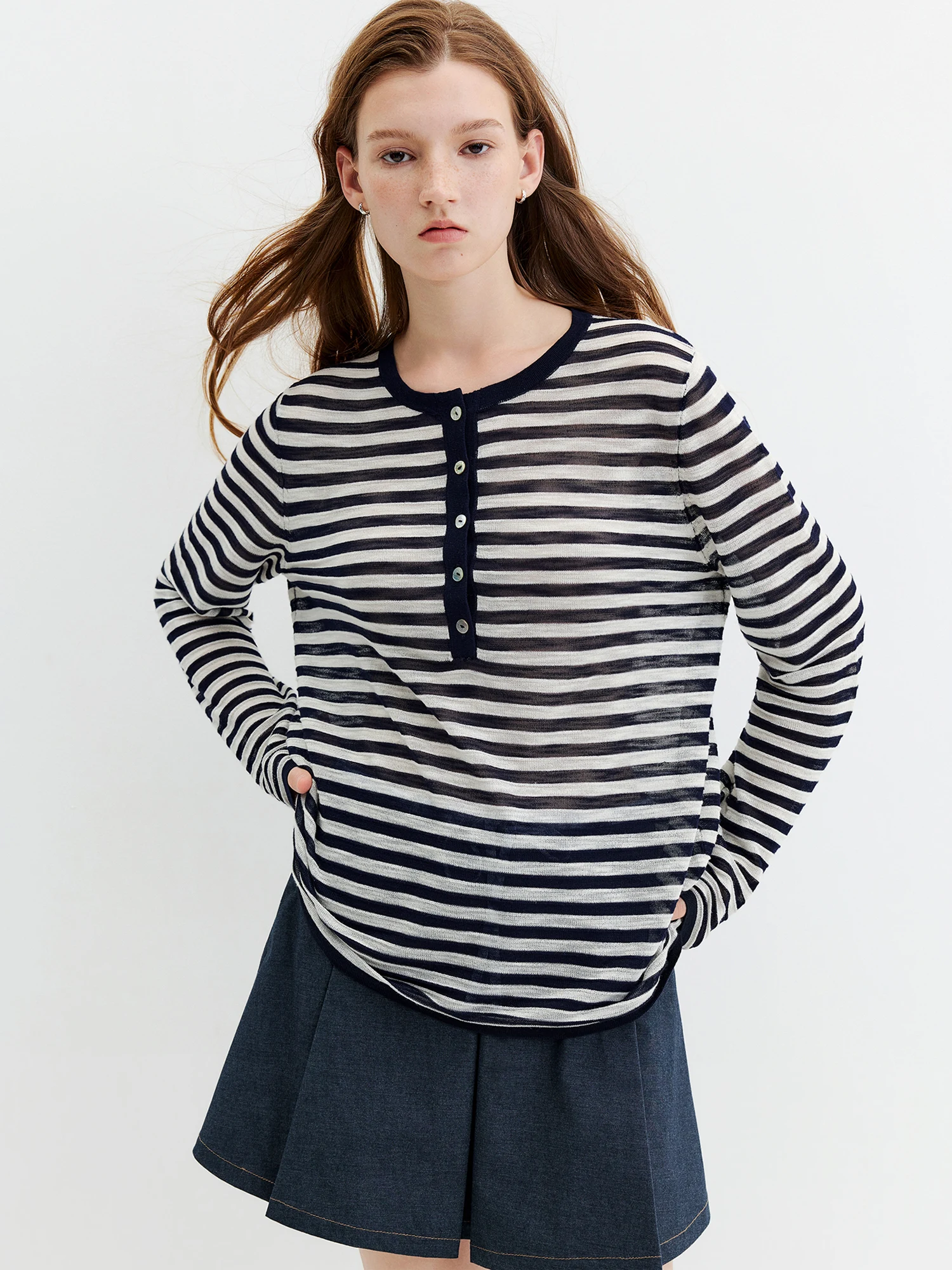 FSLE Striped T-shirt Long-sleeved Cover-up Women's 2026 Summer and Autumn New Style Half-open Knitted Top Loose Leisure