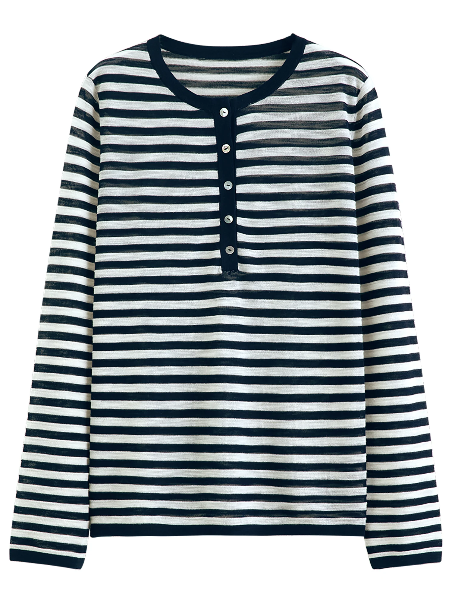 FSLE Striped T-shirt Long-sleeved Cover-up Women's 2026 Summer and Autumn New Style Half-open Knitted Top Loose Leisure