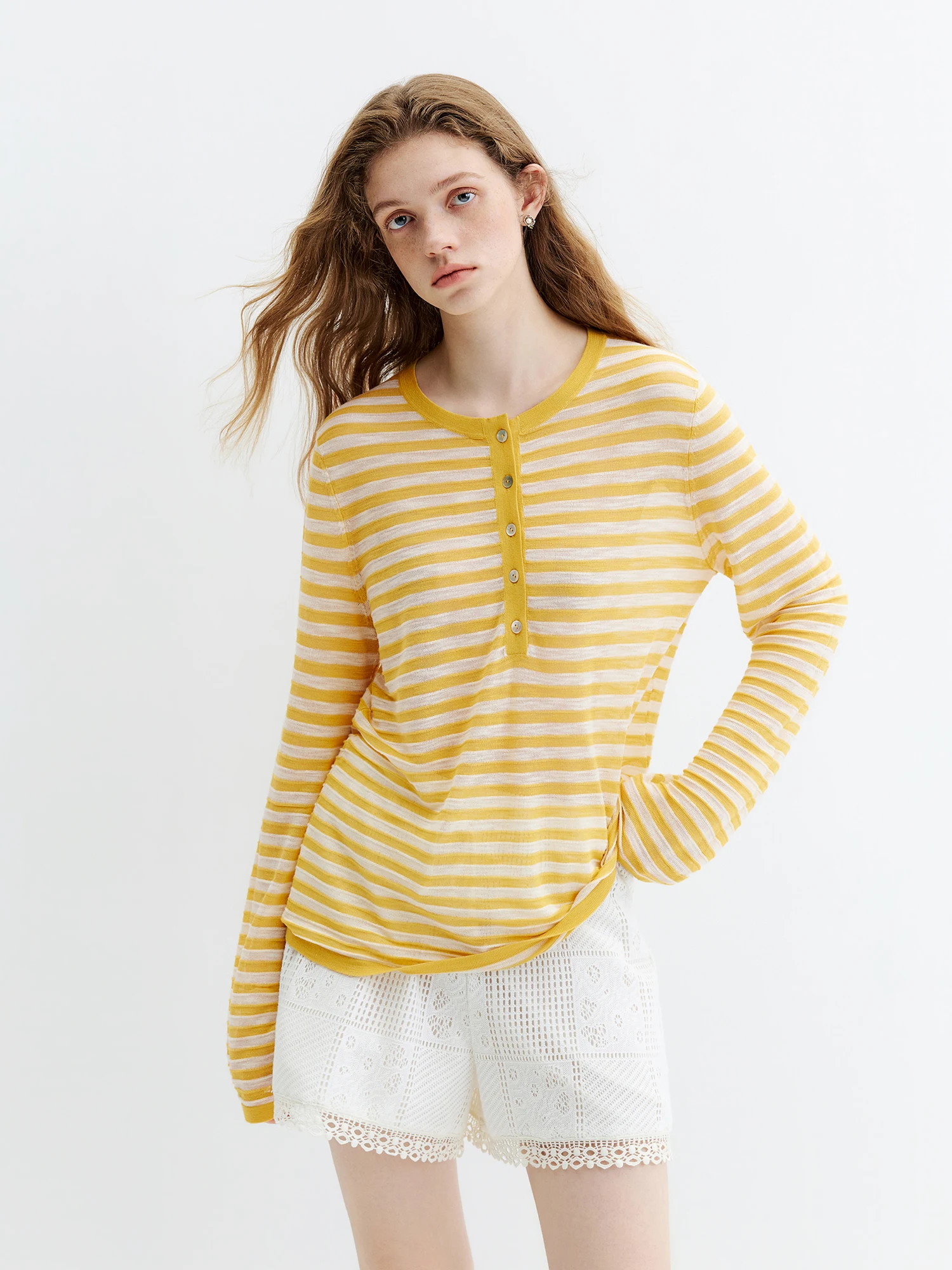 FSLE Striped T-shirt Long-sleeved Cover-up Women's 2026 Summer and Autumn New Style Half-open Knitted Top Loose Leisure