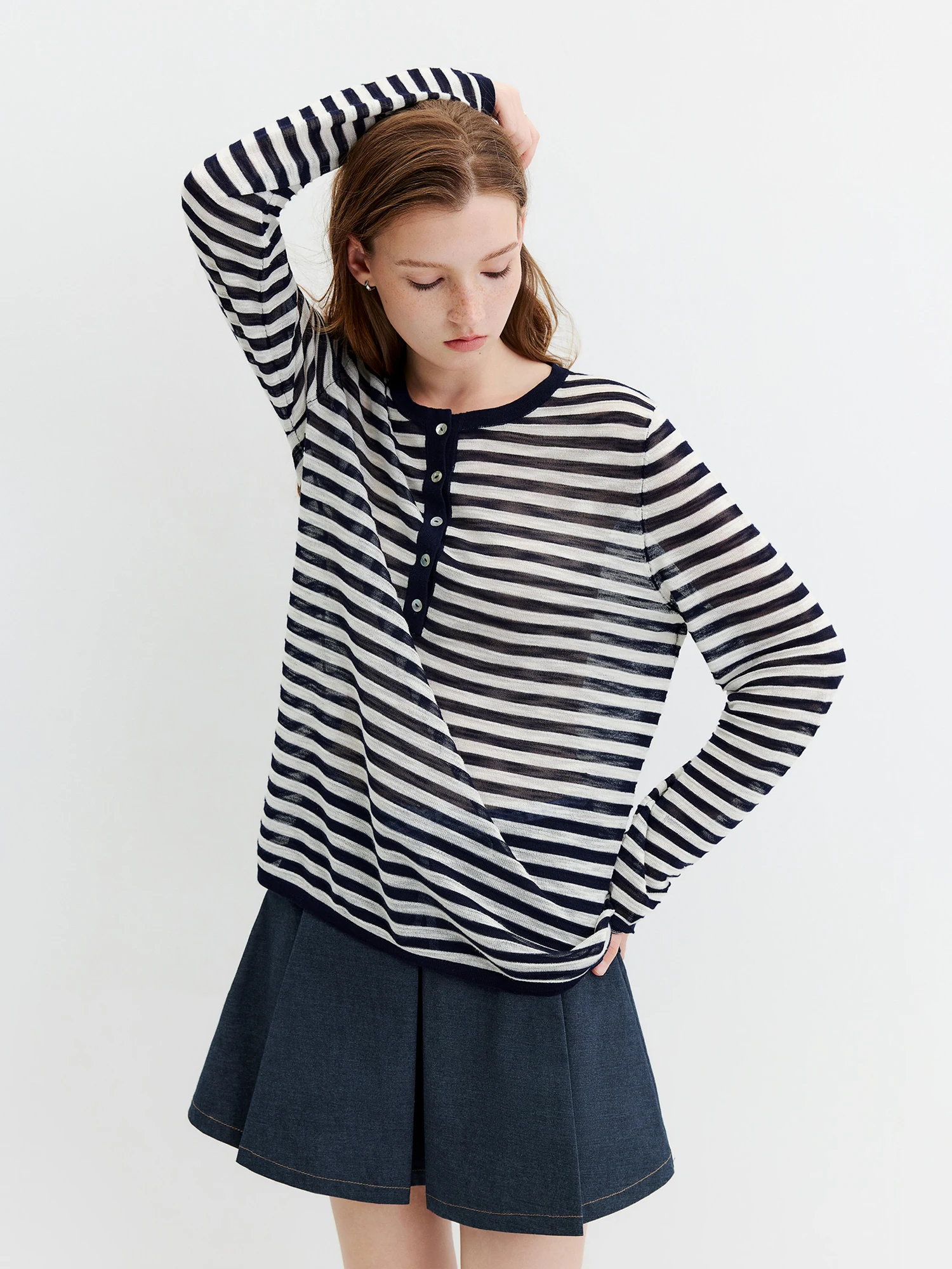 FSLE Striped T-shirt Long-sleeved Cover-up Women's 2026 Summer and Autumn New Style Half-open Knitted Top Loose Leisure