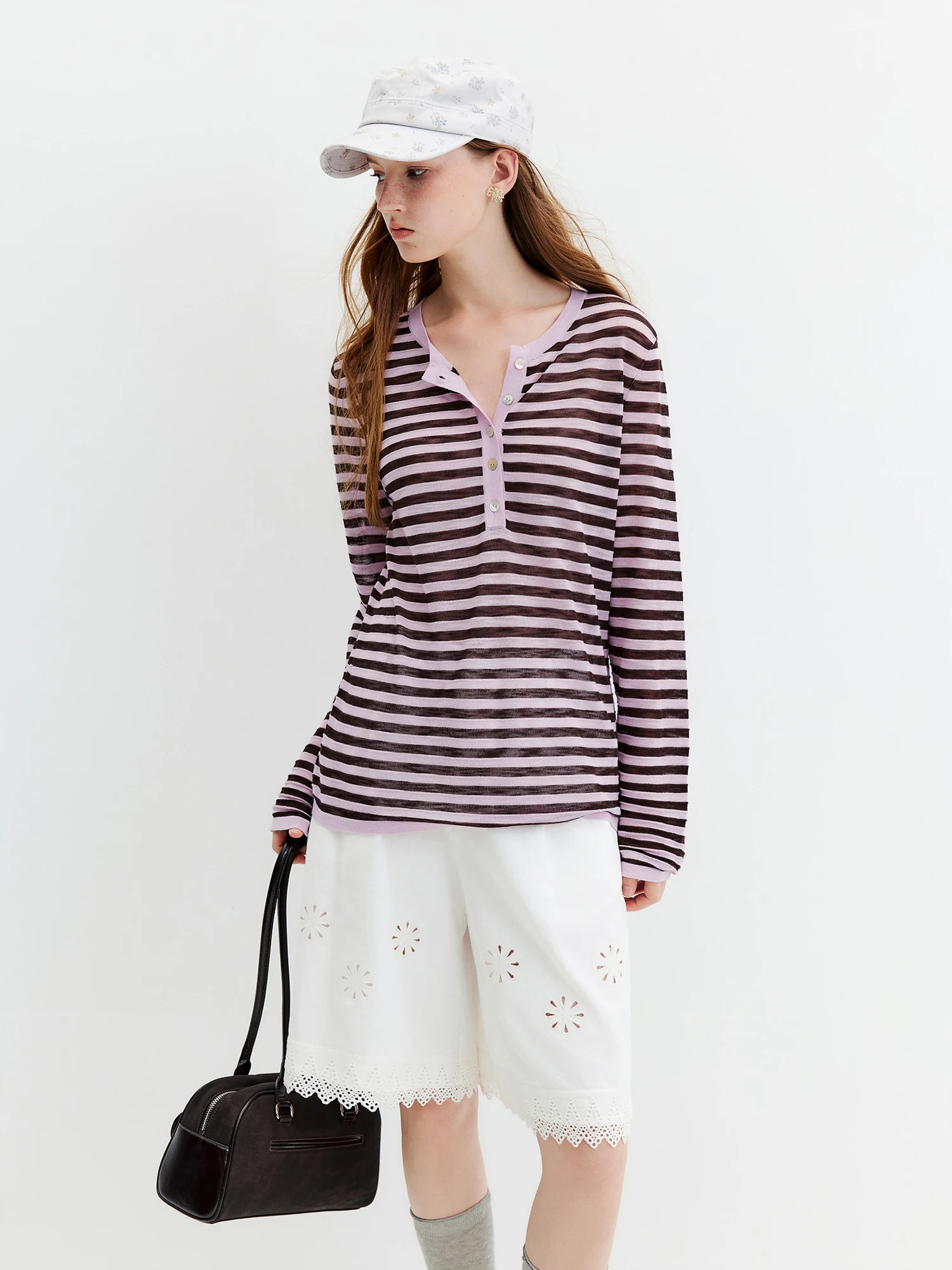FSLE Striped T-shirt Long-sleeved Cover-up Women's 2026 Summer and Autumn New Style Half-open Knitted Top Loose Leisure