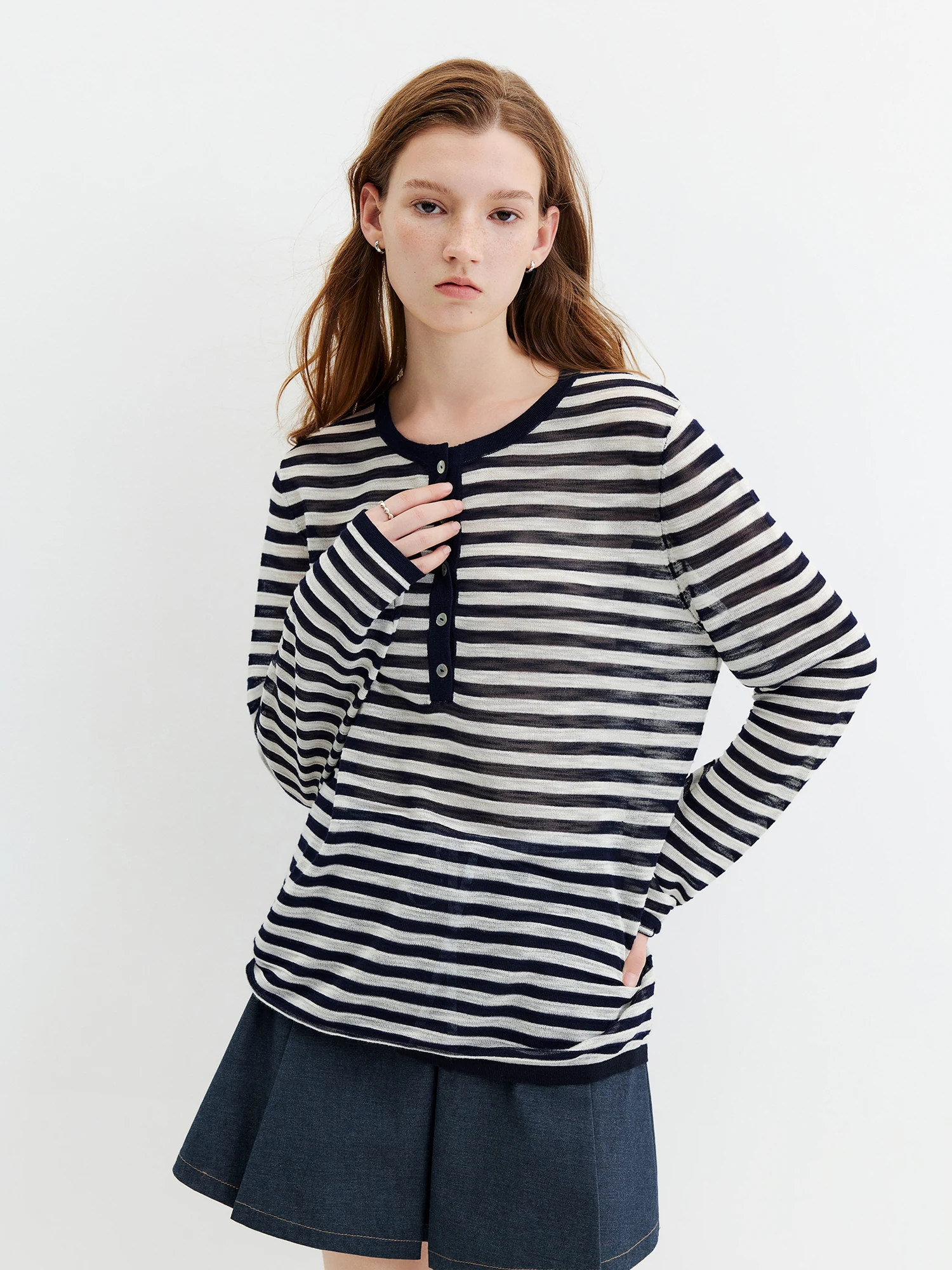 FSLE Striped T-shirt Long-sleeved Cover-up Women's 2026 Summer and Autumn New Style Half-open Knitted Top Loose Leisure