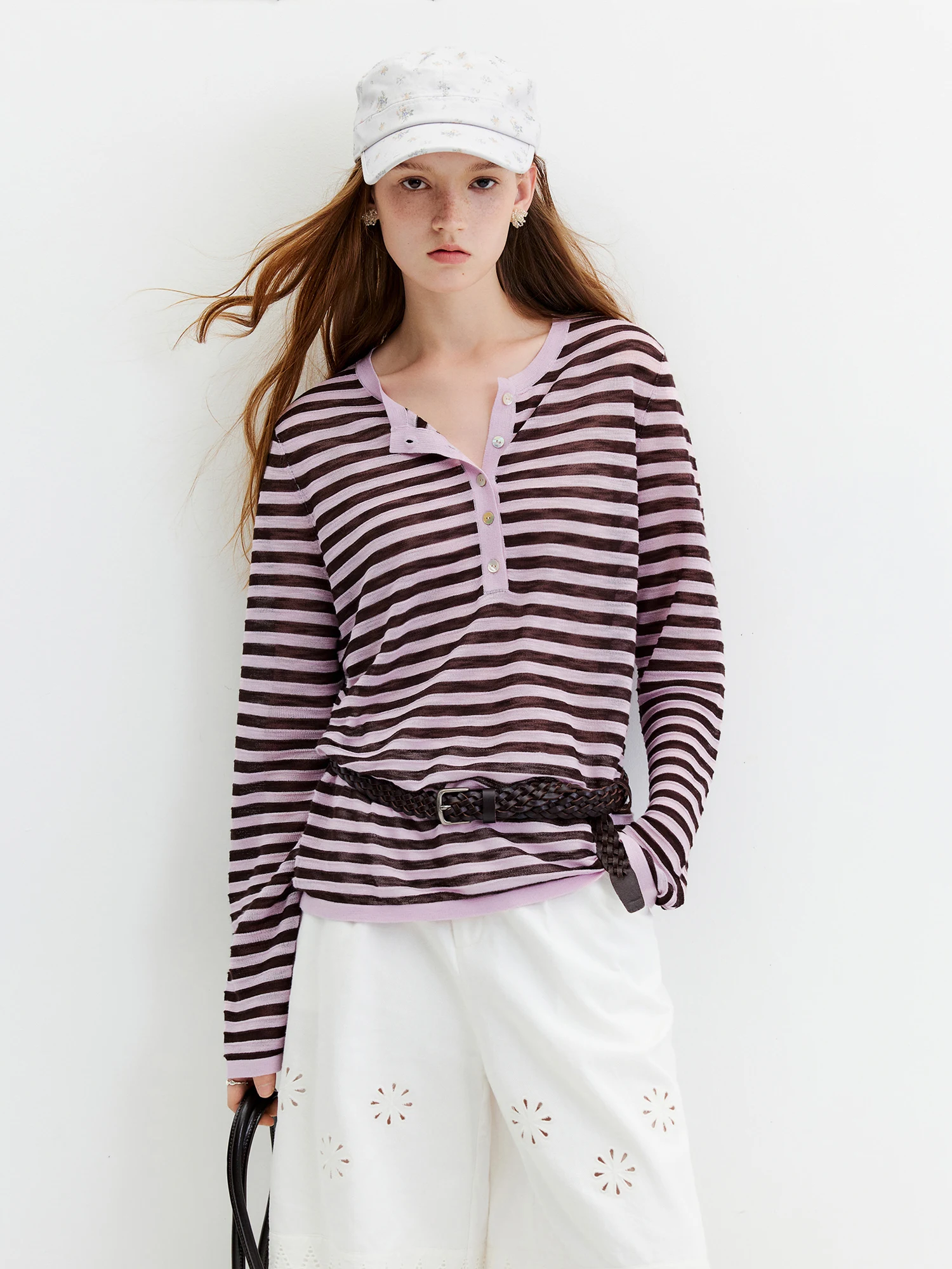 FSLE Striped T-shirt Long-sleeved Cover-up Women's 2026 Summer and Autumn New Style Half-open Knitted Top Loose Leisure