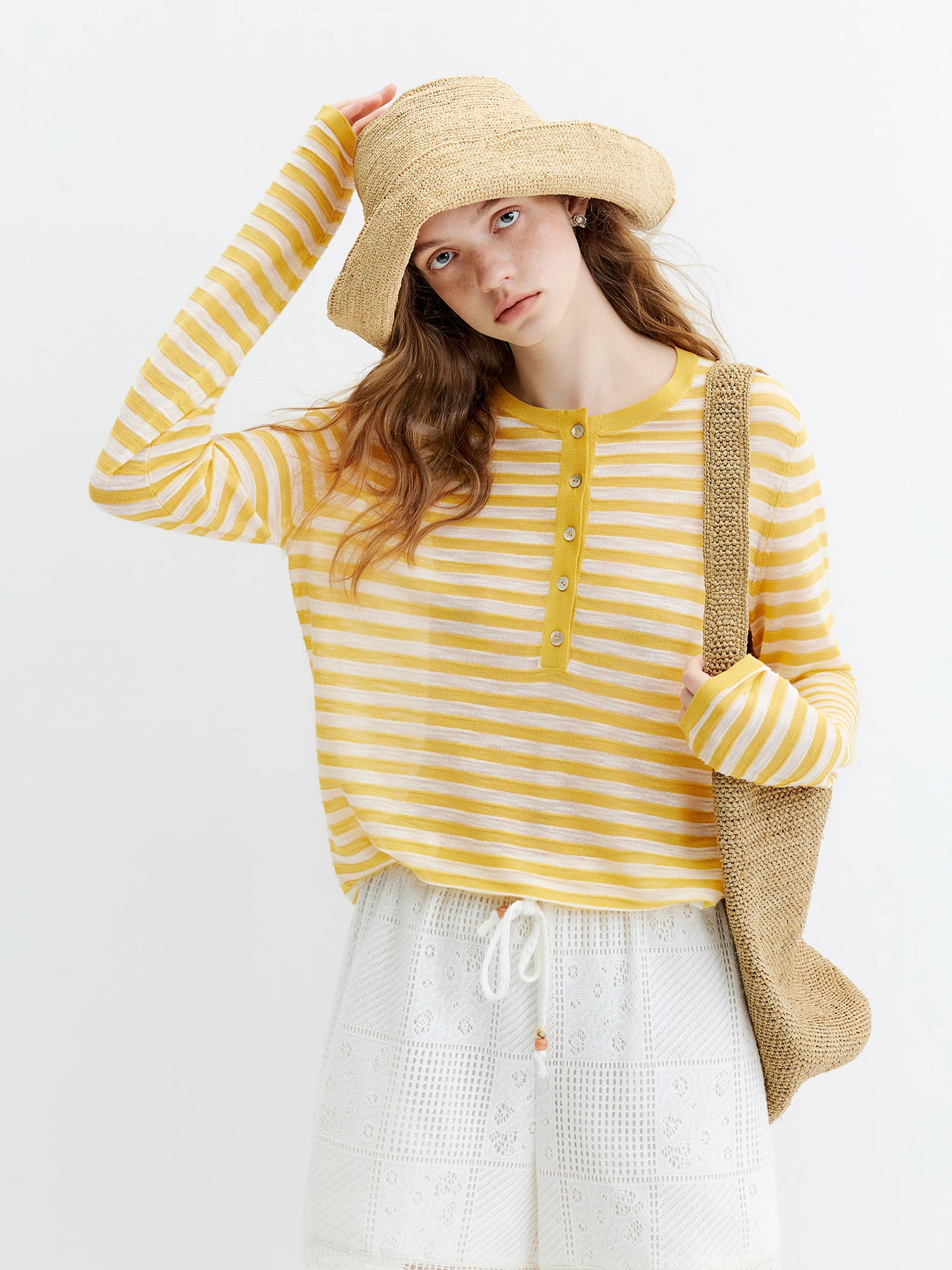 FSLE Striped T-shirt Long-sleeved Cover-up Women's 2026 Summer and Autumn New Style Half-open Knitted Top Loose Leisure