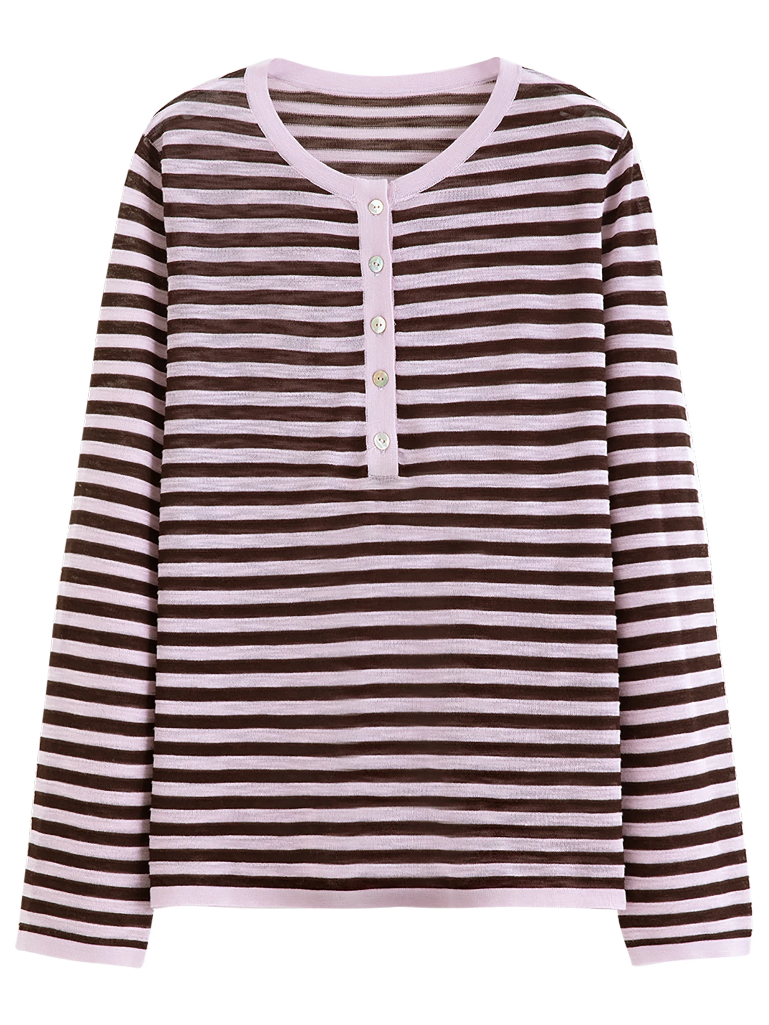 FSLE Striped T-shirt Long-sleeved Cover-up Women's 2026 Summer and Autumn New Style Half-open Knitted Top Loose Leisure