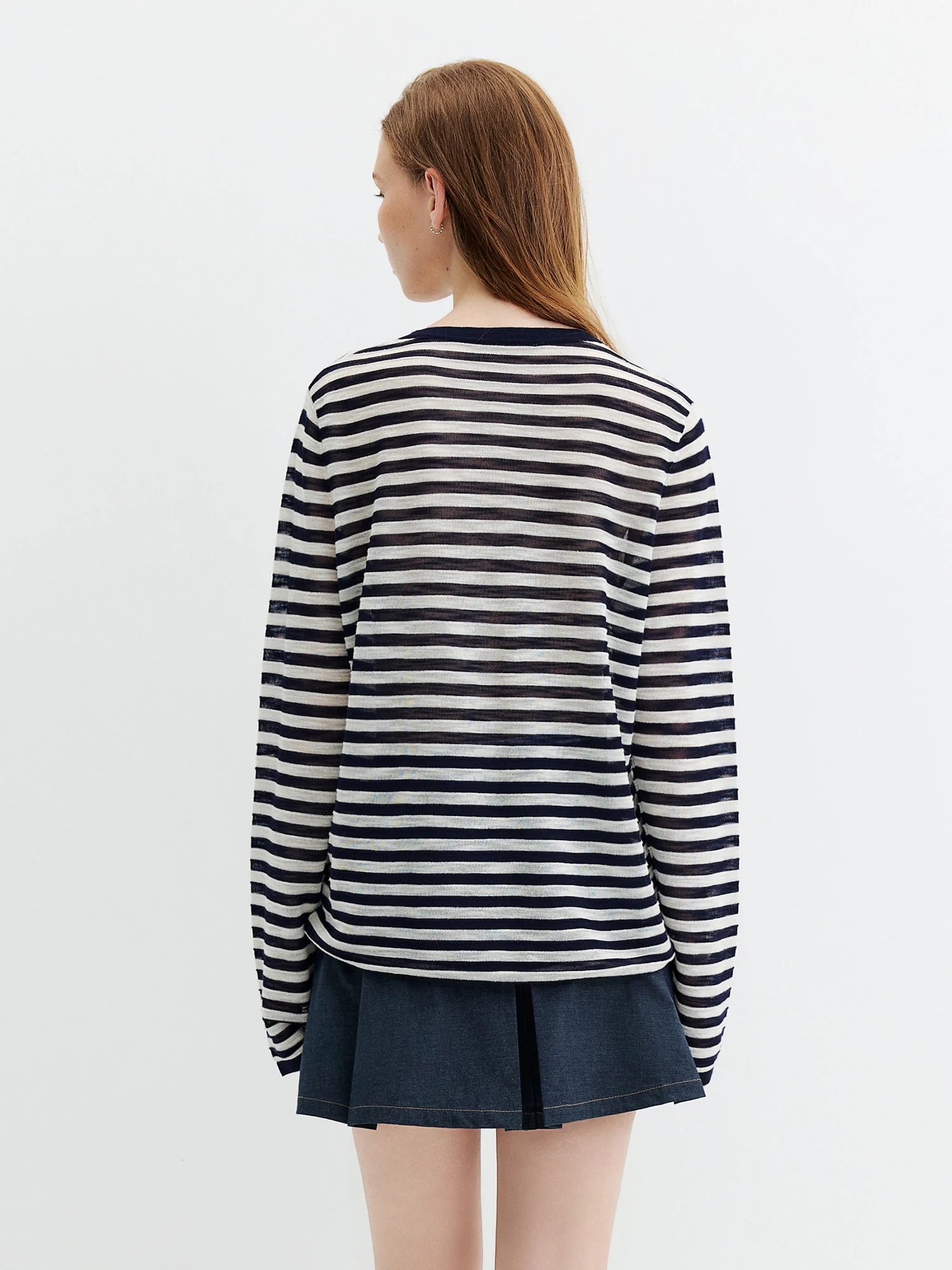 FSLE Striped T-shirt Long-sleeved Cover-up Women's 2026 Summer and Autumn New Style Half-open Knitted Top Loose Leisure