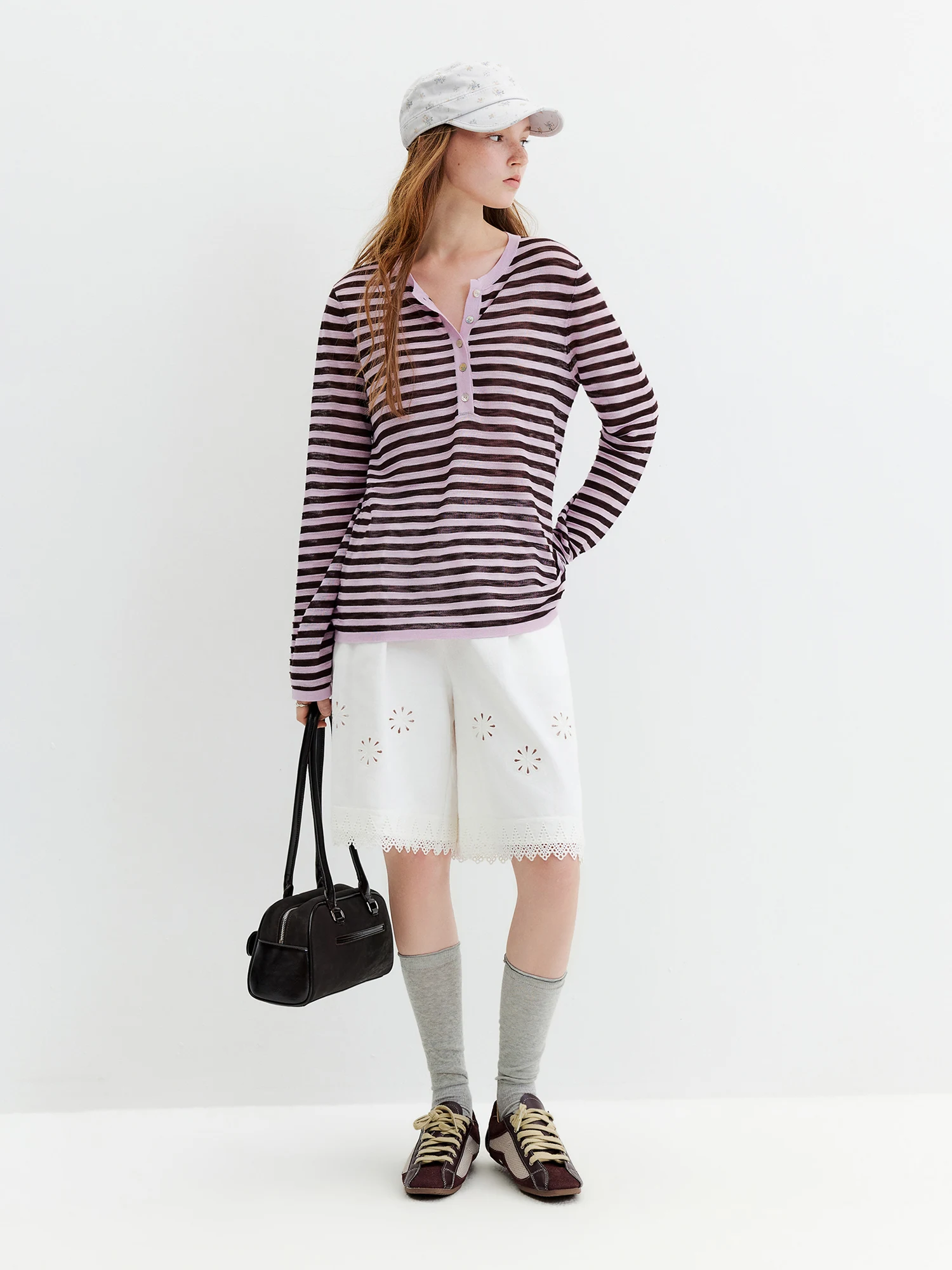 FSLE Striped T-shirt Long-sleeved Cover-up Women's 2026 Summer and Autumn New Style Half-open Knitted Top Loose Leisure