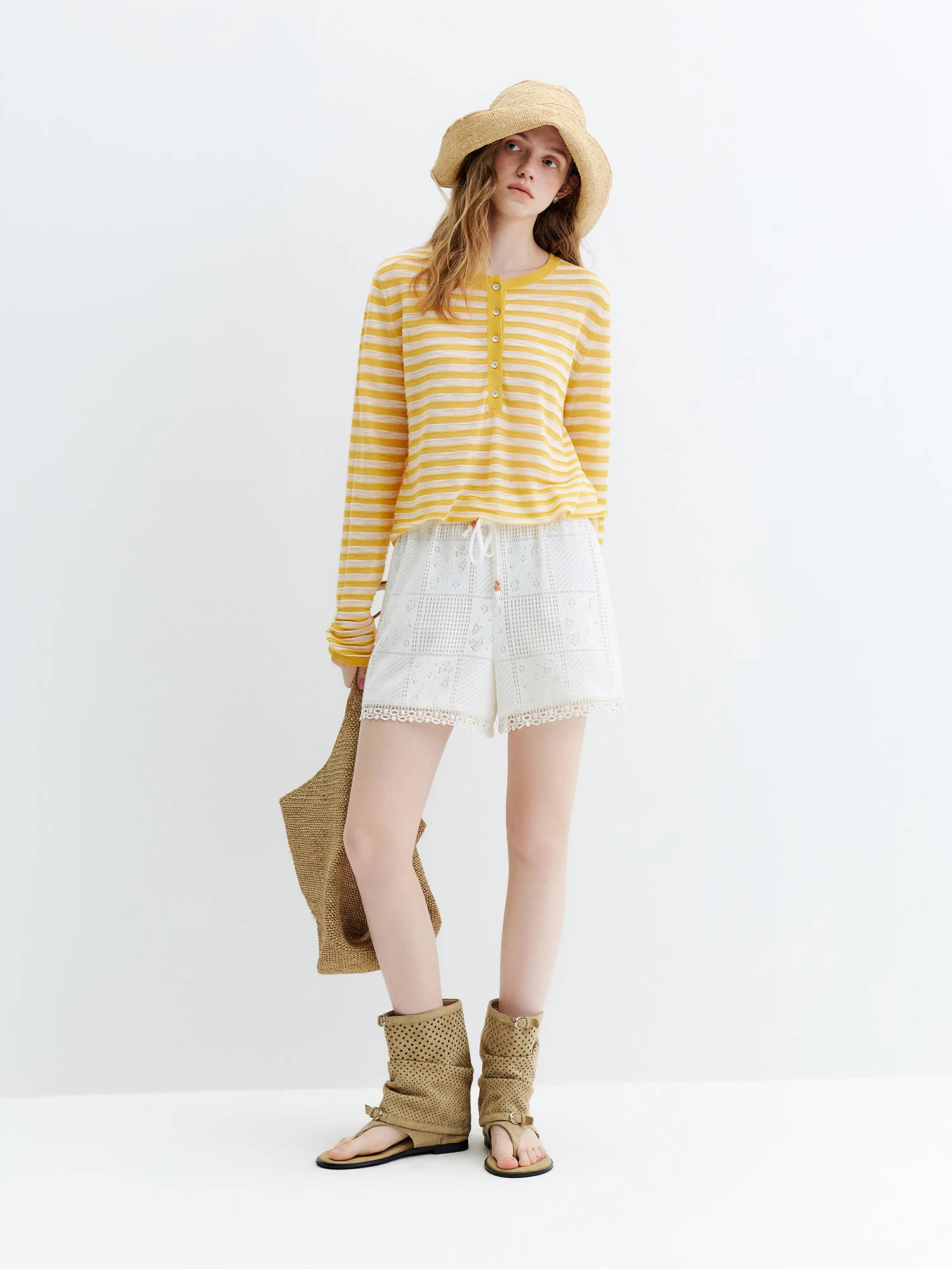 FSLE Striped T-shirt Long-sleeved Cover-up Women's 2026 Summer and Autumn New Style Half-open Knitted Top Loose Leisure