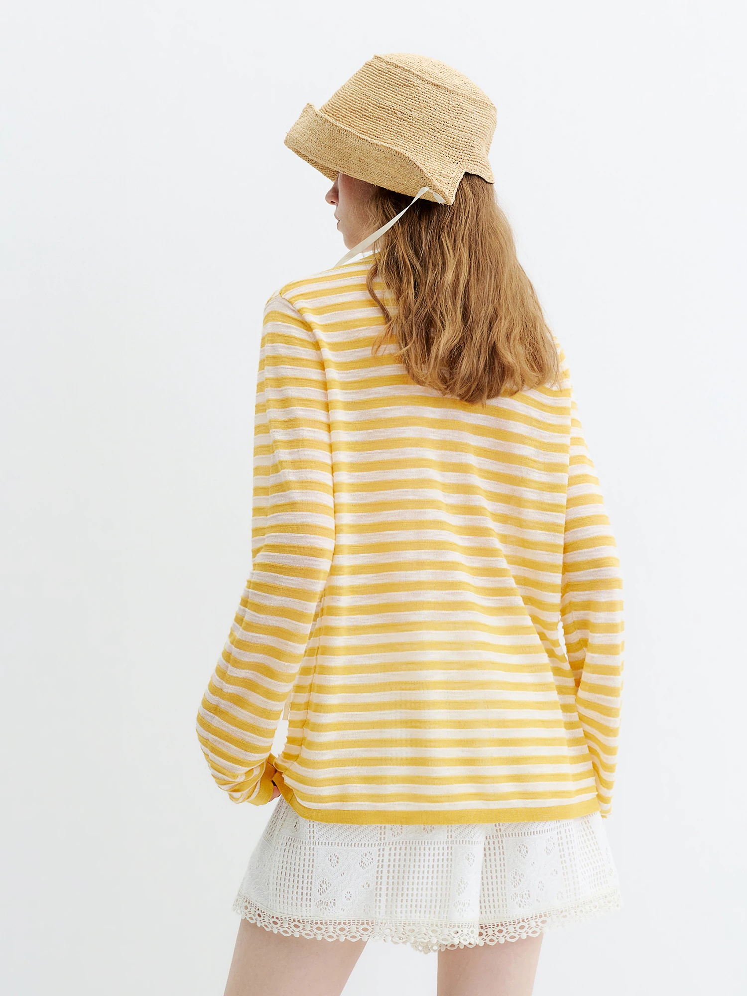 FSLE Striped T-shirt Long-sleeved Cover-up Women's 2026 Summer and Autumn New Style Half-open Knitted Top Loose Leisure