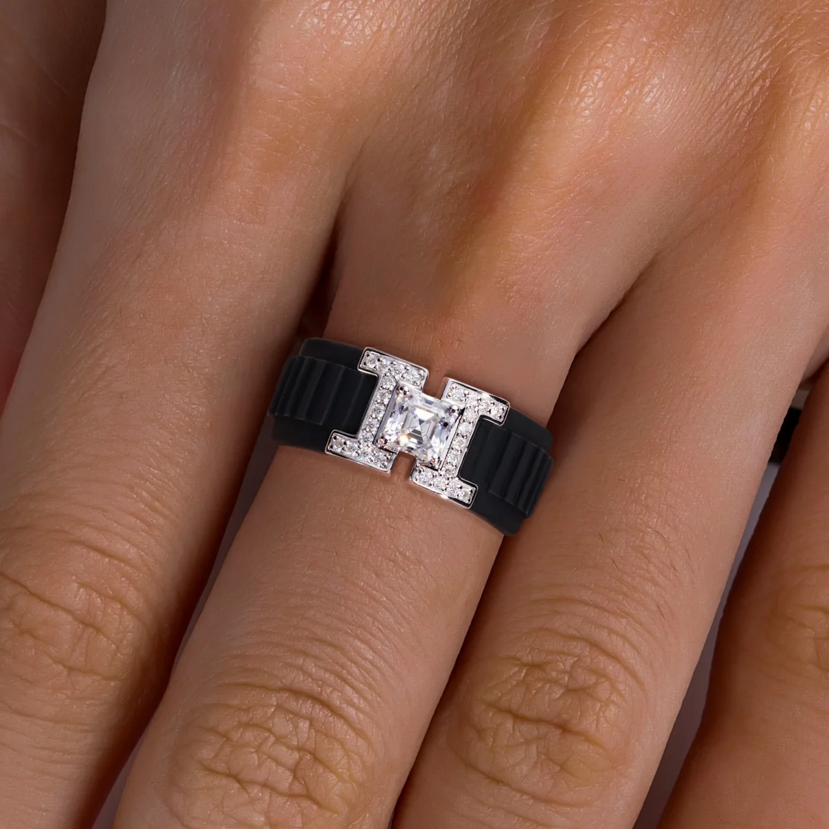 AnuJewel 5.5x5.5mm Asscher Moissanite Inlaid Silicone Ring 925 Sterling Silver Rubber Comfort Fit Wedding Ring for Women Men