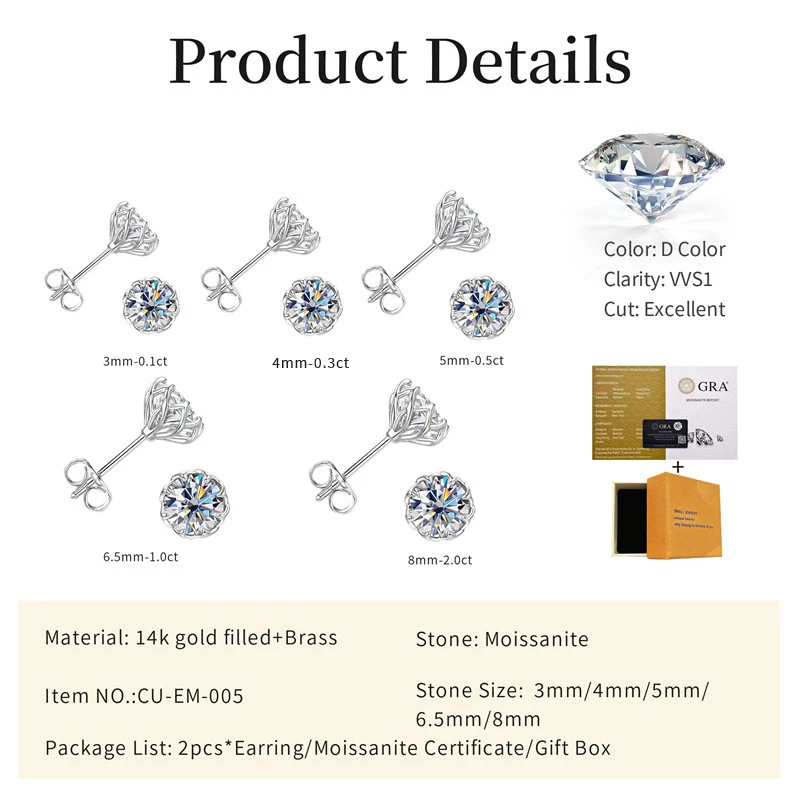 Lnngy Certified 6.5MM/8MM Moissanite Stud Earring 14K Gold Filled Solitaire Earrings for Women Romantic Dazzling Jewelry Gift
