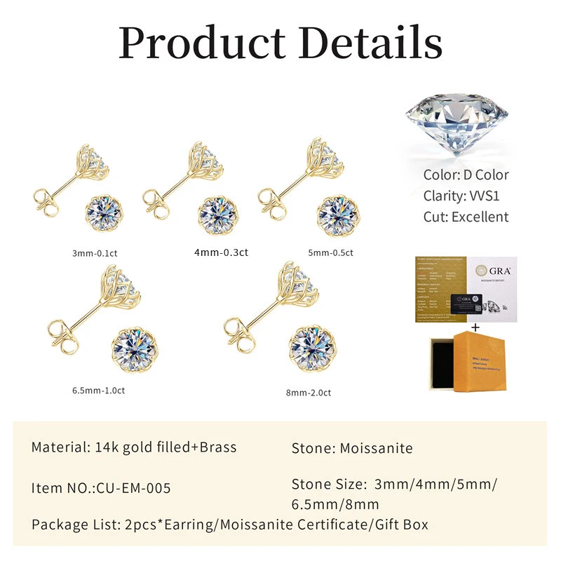 Lnngy Certified 6.5MM/8MM Moissanite Stud Earring 14K Gold Filled Solitaire Earrings for Women Romantic Dazzling Jewelry Gift