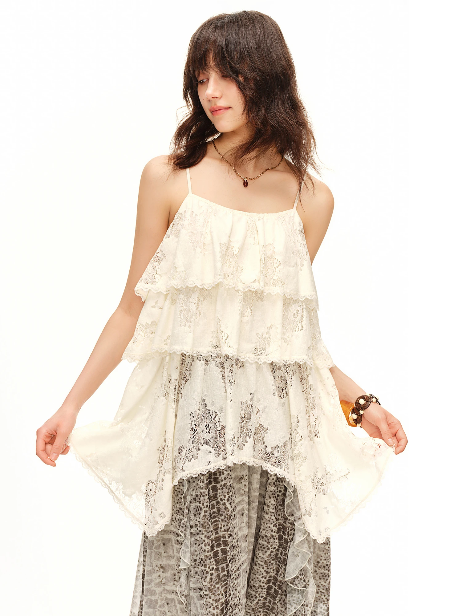 DUSHU Women's 2026 Summer New Arrival Lace Camisole Top Simple Ruffled Vacation Style Blouse Multiple Sizes for All Body Types