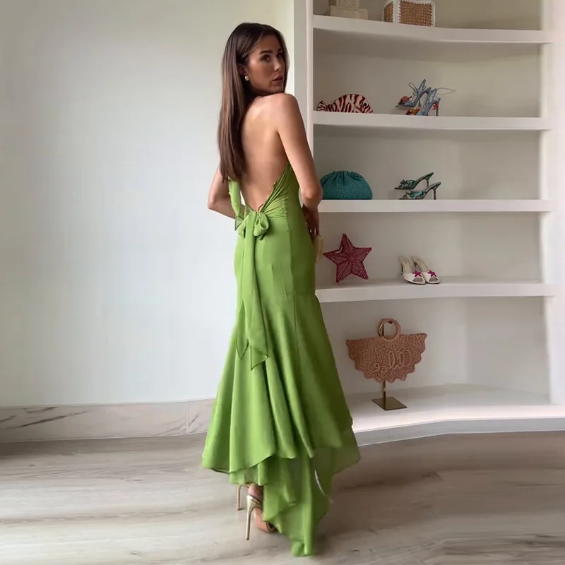 Elegant Women's Halter Long Dress Casual Hollow Out Backless Ruffles Maxi Dresses Evening Wedding Guest Party Summer New Prom