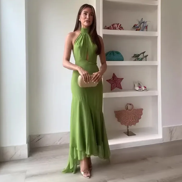 Elegant Women's Halter Long Dress Casual Hollow Out Backless Ruffles Maxi Dresses Evening Wedding Guest Party Summer New Prom