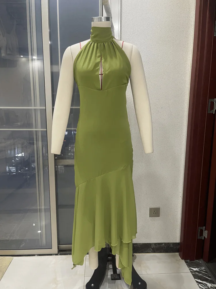 Elegant Women's Halter Long Dress Casual Hollow Out Backless Ruffles Maxi Dresses Evening Wedding Guest Party Summer New Prom