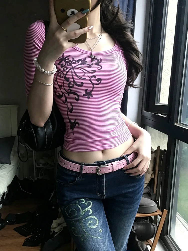 Genayooa American Retro T-shirt Women Print Floral Half Sleeve Tee Y2k Japanese Vintage Graphic Tops 2000s Fairycore Streetwear