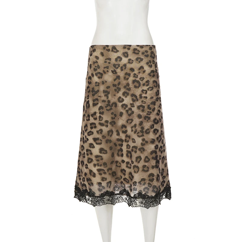 Women’s Leopard Print Midi Skirt Elegant Lace Hem Half Skirt Y2K Vintage Bodycon High Waist Mesh Patchwork Knit Skirt Streetwear