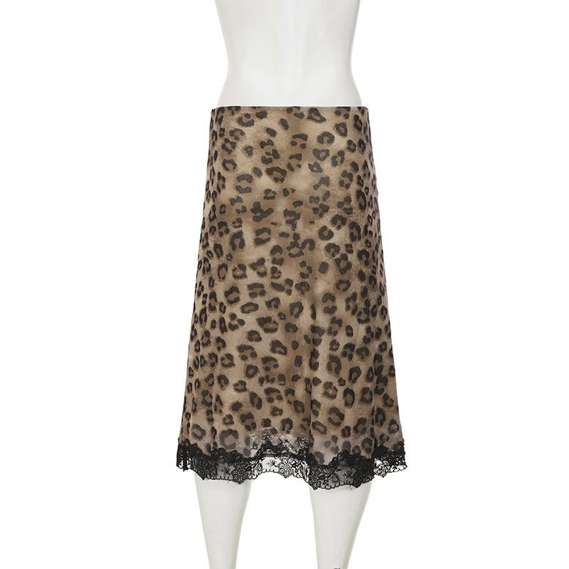Women’s Leopard Print Midi Skirt Elegant Lace Hem Half Skirt Y2K Vintage Bodycon High Waist Mesh Patchwork Knit Skirt Streetwear