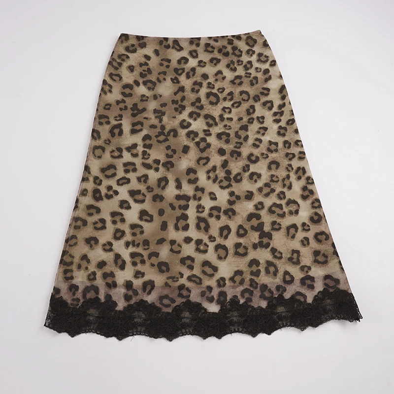 Women’s Leopard Print Midi Skirt Elegant Lace Hem Half Skirt Y2K Vintage Bodycon High Waist Mesh Patchwork Knit Skirt Streetwear