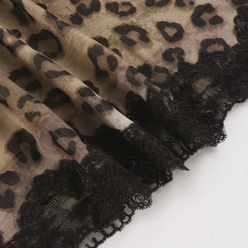 Women’s Leopard Print Midi Skirt Elegant Lace Hem Half Skirt Y2K Vintage Bodycon High Waist Mesh Patchwork Knit Skirt Streetwear