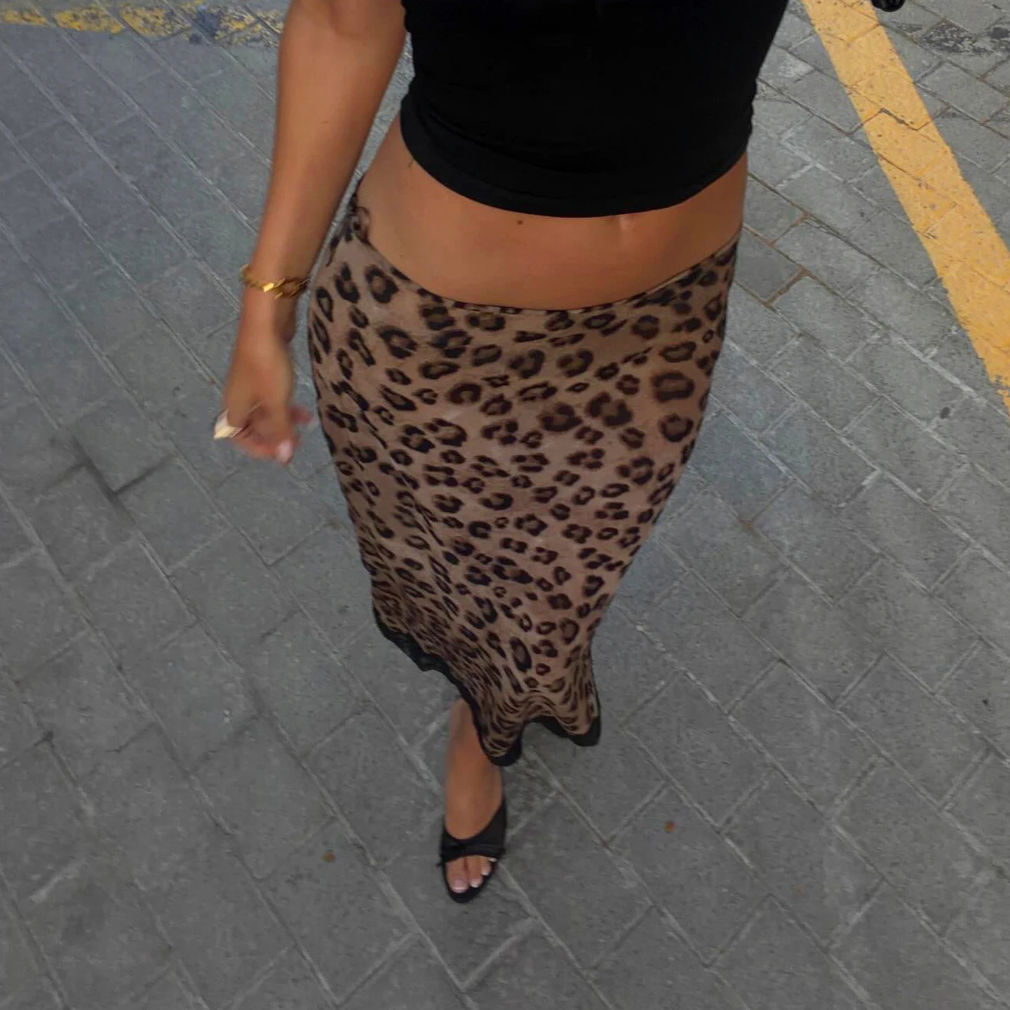 Women’s Leopard Print Midi Skirt Elegant Lace Hem Half Skirt Y2K Vintage Bodycon High Waist Mesh Patchwork Knit Skirt Streetwear
